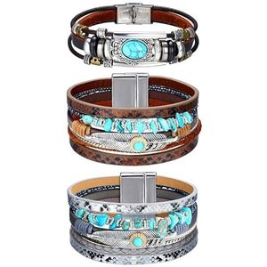 MILACOLATO 3 stuks leren wikkelarmbanden voor dames, Boheemse leren wikkelarmbanden, kralenarmbanden, stapelbare westerse armbanden, sieraden geschenken voor dames, Leer