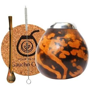 Gaucho Cebar Miserio Natuurlijke Calebas Set voor Yerba Mate Thee | Bombilla roestvrijstalen pompoenmok en rietje | Accessoires - Kurkstempel en borstel