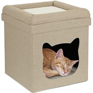 Relaxdays Kattenhok voor binnen, slaapplaats voor fluwelen poten, kattenbak met 2 etages, opvouwbaar, HBT 44 x 40 x 40 cm, bruin/wit