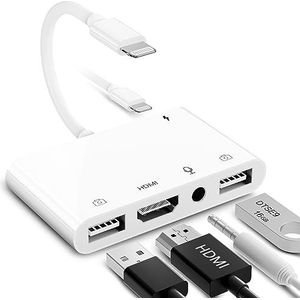 HDMI OTG-adapter voor iPhone, HDMI + dubbele USB-aansluiting OTG + 3,5 mm hoofdtelefoonsplitter adapter met oplaadpoort, compatibel met iPhone