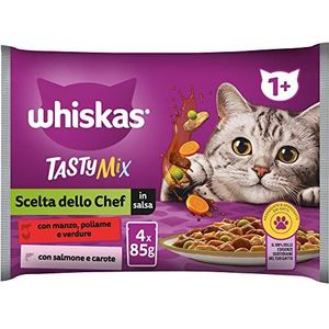 Whiskas Tasty Mix Chef-keuze, 1 jaar, nat voer voor katten, 13 dozen van elk 4 zakjes van 85 g (in totaal 52 zakken)