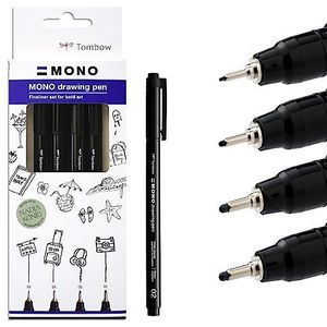 Tombow Fineliner MONO tekenpen, set ""Bold"", pigmentinkt, water- en lichtbestendig, voor schetsen, illustreren en tekenen, zwart, set van 4, WS-EFL-H-B-4P