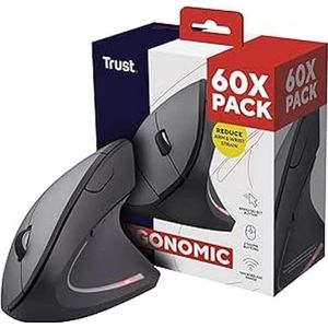 Trust Verto 60 stuks – 60 x verticale muis, draadloos, ergonomische muis, 6 toetsen, preventie muissyndroom en epicondylitis, voor rechtshandigen, pc, computer, laptop, Mac, batterijen inbegrepen