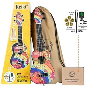 Ortega Guitars Keiki K2 Kleurrijke sopraan ukelele - K2 - Starterset met tuner, riem, 5 middelgrote plectrums en tas met trekkoord - Peace '68 (K2-68)