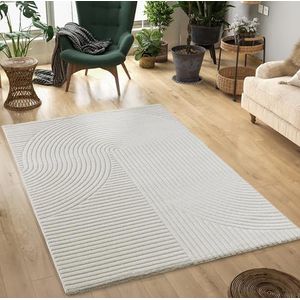 Mia's Theo Modern laagpolig tapijt met hoog-laag-effect, 3D-effect, hoge pooldichtheid, zacht, Panglao-design, crème, 80 x 150 cm