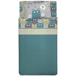 PENSIERI DELICATI Beddengoed voor twijfelaar, 100% katoen, beddengoed voor twijfelaar, 120 x 200 cm, met laken, bovenkant en 1 kussensloop, gemaakt in Italië, fantasie Happycat groen