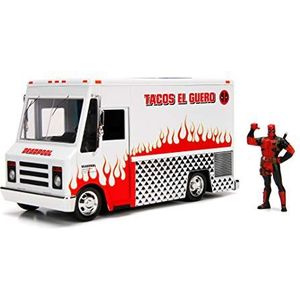 Jada Toys Marvel Deadpool Foodtruck Die-cast speelgoedauto, openingsdeuren, kofferbak en motorkap, met Deadpool-figuur, schaal 1:24, wit