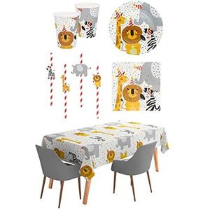 Boland - Safari tafeldecoratieset, decoratie, papieren bekers, borden, servetten, tafelkleed, rietjes, verjaardag, kinderdag, dieren