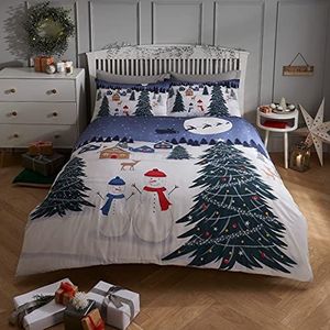 Sleepdown Beddengoed set met dekbedovertrek en kussensloop, motief sneeuwpop in het donker, voor eenpersoonsbed (135 cm x 200 cm) 48% katoen, 52% polyester, wit marineblauw