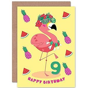 Wenskaart voor de 9e verjaardag met hoogwaardige blanco envelop met Kawaii flamingo