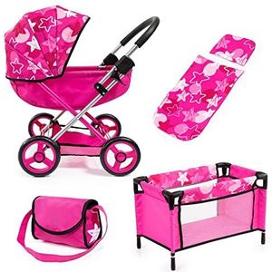 Bayer Design 12749AB Kinderwagen, gezellige pop, poppenwagen, opvouwbaar, tas, knuffeldeken en kussen, bed, roze