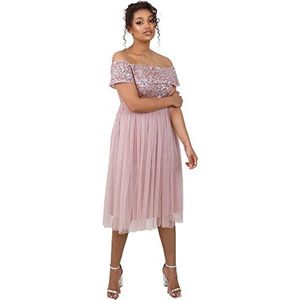 Maya Deluxe Bardot Embellished midi-jurk voor bruidsmeisjes voor dames, Frosted roze.