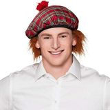Boland Mr. Tartan 81223 baret rood geruit met roeste kwasten en elastische haarband voor Schotse ruit Schotse hoed Highlands carnavalskostuum carnaval party kostuum 81223