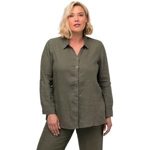 Ulla Popken Bluse, Leinen, Offener Kragen, Langarm Damesblouse, Loden groen