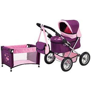 Bayer Design 13057AB kinderwagen voor Trendy-pop, bed, tas, verstelbaar, opvouwbaar, roze, pruim