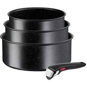 Tefal Ingenio Black Stone L39996 Set van 4 stapelbare pannen met antiaanbaklaag, geschikt voor inductie, temperatuurweergave, thermosignaal, zwart