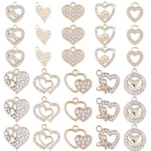 SUNNYCLUE 1 doos met 40 stuks hartvormige strass-hangers voor Valentijnsdag, holle bedels voor het maken van sieraden, bedels voor oorbellen, armbanden, bedels,, Legering, strass