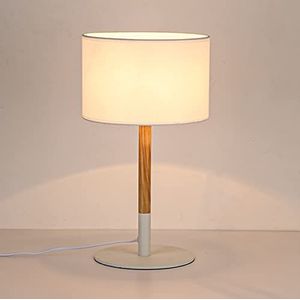 BarcelonaLED Nordic tafellamp wit met aluminium voet, houten behuizing en stoffen lampenkap, fitting voor E27 LED-lamp, kantoor, woonkamer, nachtkastje