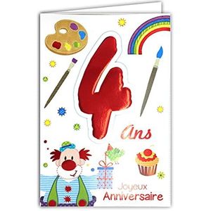 Age Mv 69-2004 verjaardagskaart, 4 jaar, kinderen, jongens, meisjes, clown, cadeau, vogel, cake, cupcake, schilderwerk, kwast, regenboogkleuren