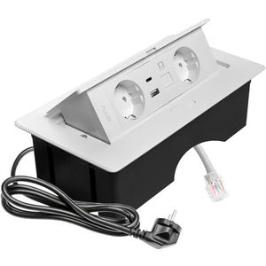 GTV MULTISOFT inbouwstopcontact wit met 2 Schuko-stopcontacten, USB A+C, RJ45, inschuifbaar met deksel, 1,5 m kabel, ideaal voor kantoor, vergadertafel of keukenwerkblad