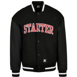 STARTER BLACK LABEL Hoogwaardige collegejas met geborduurd logo, kunstleren mouwen en drukknoopsluiting, 3 kleuren, maten S tot XXL, zwart.