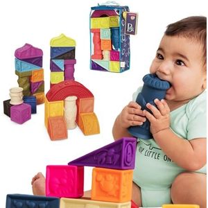 B. toys Elemenosqueeze Babyblokken, 26 stapelblokken met vormen, cijfers, dieren en zachte texturen, voor kinderen vanaf 6 maanden (26 stuks)