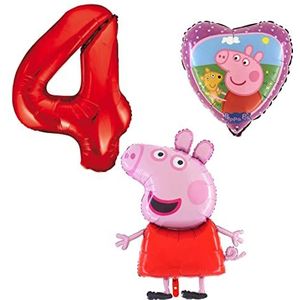 Set van 3 Peppa Pig folieballonnen cijfer 4, rood, Peppa met pluche hart