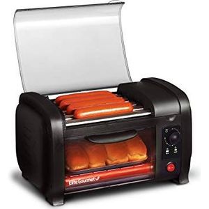 Elite Cuisine EHD-051B Hot Dog broodrooster Oven, 30 minuten timer van roestvrij staal, bakplaat en crumb, World Series Baseball, 4 Bun Capacity, zwart