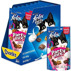 Purina Felix Party Mix Snack Cat Picnic Mix met kip, kaas en kalkoen, 8 blikjes van 60 g