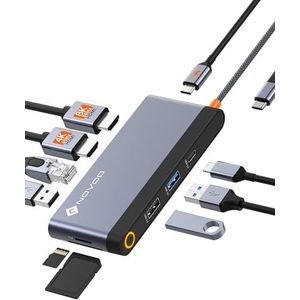 NOVOO USB C Hub 10-in-1 type C Multiport Adapter, USB C dockingstation met dubbele HDMI 4K, Gigabit Ethernet, PD 100W, 3x USB-A en USB-C 3.0, SD/TF-kaartlezer voor MacBook Pro/Air/Dell/HP