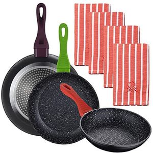 3 stuks 20/24/28 cm gesmede aluminium pannen + set van 4 keukendoekjes katoen rood