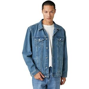Koton Basic jeansjack met knoopsluiting met gedetailleerde zak en klassieke kraag, herenjas, Licht indigo (600)