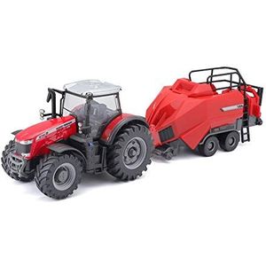 Bburago Massey Fergpatch 8740S Tractor met balenlifter, verschillende modellen en kleuren, 10 cm