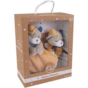 DODO D'AMOUR - Knuffelset vierkant en rammelaar - beer - 027190 - mosterd - fleece - geboorte - pluche - baby - 29 cm x 22 cm - vanaf 0 maanden