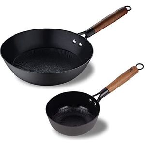 MasterPro Odín 2-delig kookgerei 16 cm en wok 24 cm van geperst ijzer, keramische antiaanbaklaag, ergonomische handgrepen van acaciahout, voor alle warmtebronnen zonder PFOA