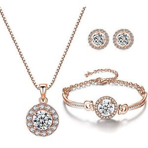 YooAi Sieraden set hanger ketting en oorbellen set Cubic Zirconia sieraden voor vrouwen, Roségoud Edelsteen Zilver, Kubieke zirkonia, Strass