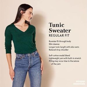 Amazon Essentials Dames tuniek trui licht lange mouwen V-hals tuniek trui (verkrijgbaar in grote maten) donkerolijfgroen, XS