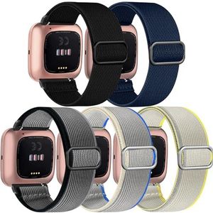 Chinbersky Set van 5 rekbare nylon horlogebandjes compatibel met Fitbit Versa 2 Versa Lite SE vervangende bandjes voor heren en dames, Nylon, Geen edelsteen