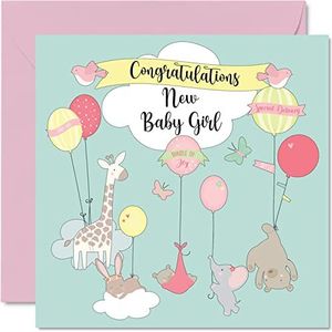 Wenskaart voor babymeisjes, felicitatiekaart voor pasgeborenen en meisjes, Well Done Congrats, wenskaart voor nieuwe baby, welkomstcadeaus voor de wereld, 145 mm x 145 mm