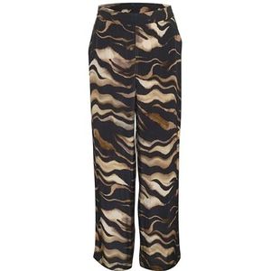 KAFFE Women's Pants High-Waisted Elastic Waistband Wide Legs Printed Casual Fit Trousers Femme, Black/Brown Tiger Print, 42