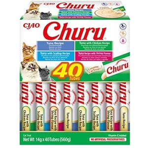 INABA Churu - Gepureerde kattentraktaties met 4 soorten zeevruchten en tonijn - smakelijke kattentraktaties - gladde en romige textuur - diervoer - 40 tubes x 14 g