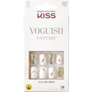KISS Voguish Fantasy Nails 28 stuks kunstnagels, wit, glanzend, vierkant, kort, klaar voor gebruik, zonder beschadiging/droogtijd, waterdicht, vlekbestendig, glanzend