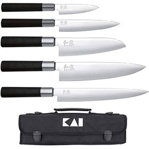 KAI Wasabi Black uitgeruste messentas - veelzijdig mes 10 cm, multifunctioneel mes 15 cm, Santoku 16,5 cm, koksmes 20 cm, hammes 23 cm - gepolijst 6A/1K6 roestvrij staal 58 (±1) HRC