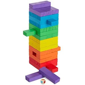 Relaxdays blokkenspel gekleurd - stapeltoren - houten toren spel - blokkentoren stapelspel