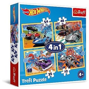 Trefl - Hot Wheels auto's - 4-in-1 puzzels, 4 puzzels van 35 tot 70 stukjes - kleurrijke puzzels met cultauto's, verschillende moeilijkheidsniveaus, voor kinderen vanaf 4 jaar
