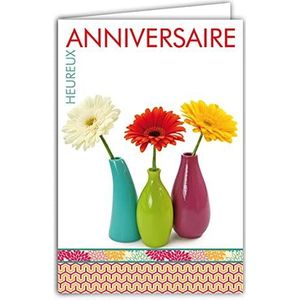 Afie 65-1295 wenskaart voor verjaardag, bloemen, gerberas, roze, oranje/blauw/turquoise, vazen, decoratie, met envelop, wit, 12 x 17,5 cm