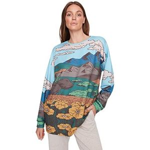 Trendyol Standaard ronde hals sweatshirt met landschapsprint trainingspak dames, meerkleurig, L, Meerkleurig