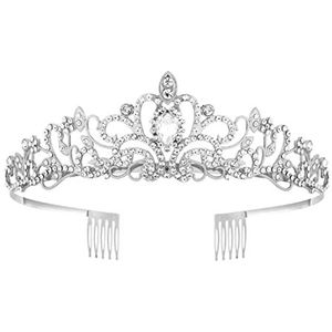 MIVAIUN Zilveren kristallen tiara met strassteentjes met kam voor bruiloft, eindexamenbal, verjaardag, cosplay, kostuumfeest voor vrouwen en meisjes, Bergkristal, Strass
