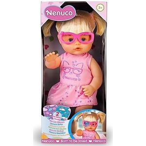 Nenuco Babypop met roze poten en blond haar met 2 enkelstaarten, bevat 3 kleurrijke patches om met één oog te spelen zoals kinderen, draagt een jurk, +2 jaar, beroemd