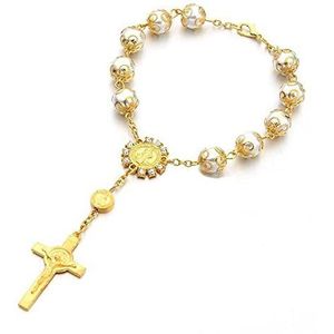 Armband met rozenkrans, kruis, christelijk mini-rozenkar, ideaal en mooi, voor verjaardag, bal, doop, feest (wit)
